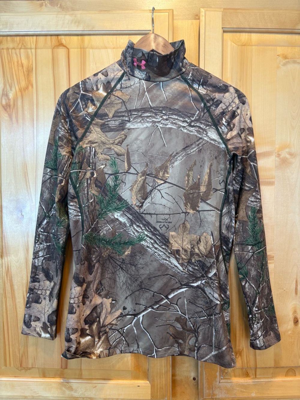 Under Armour Woodland Camo Long Sleeve Turtleneck Top with Pink Logo